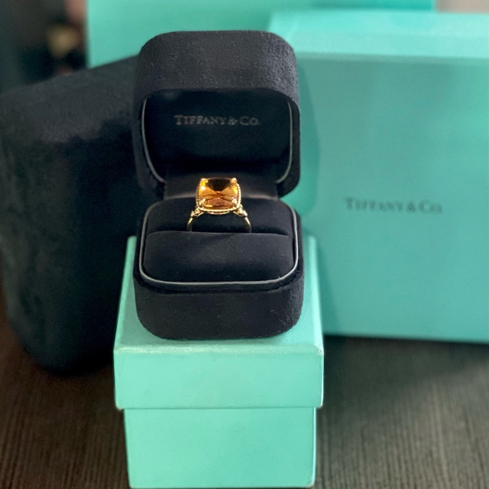 Tiffany & Co. Citrine Sparkler Ring - 6.5 Carat Cushion Cut Stone - Size 5.5